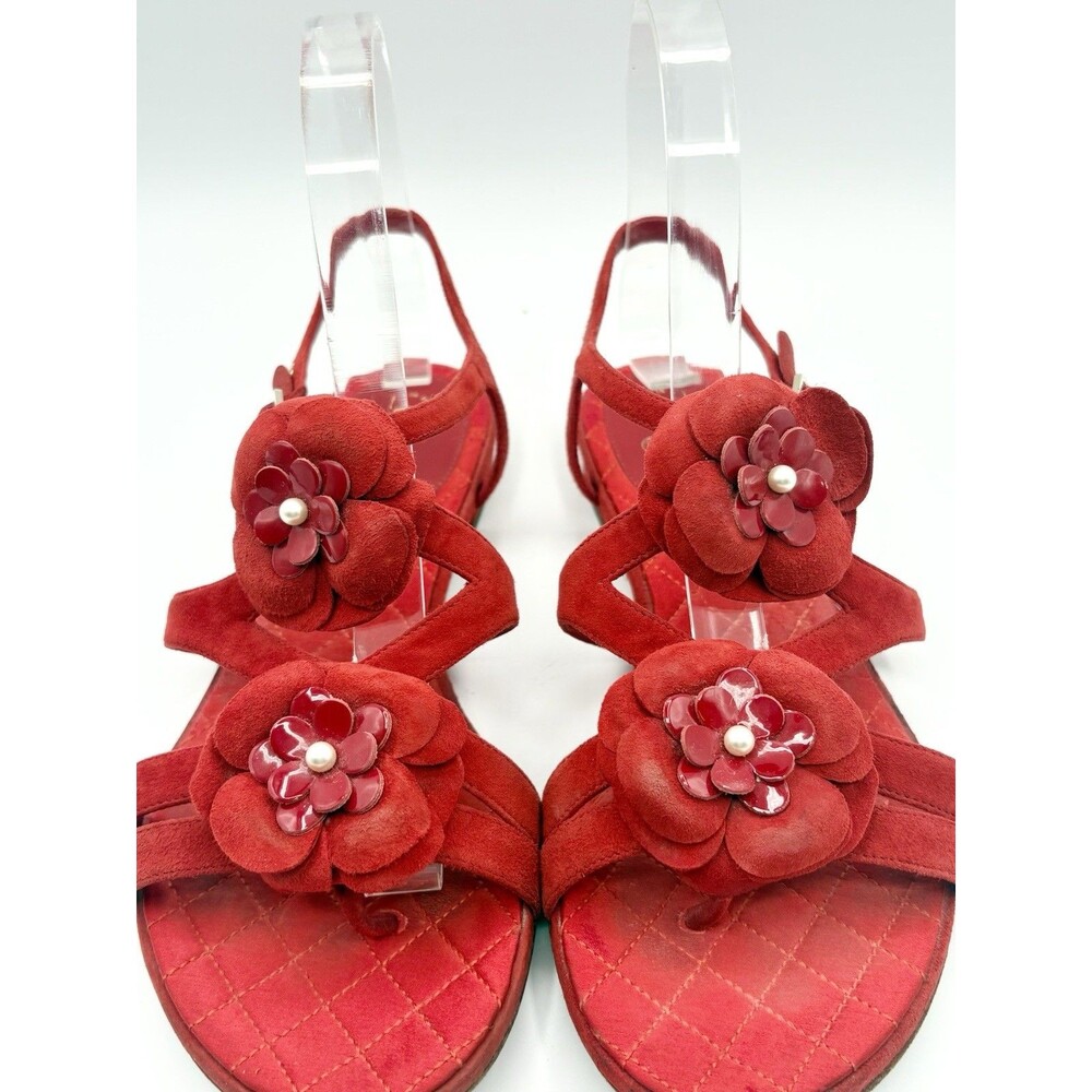 Chanel Red Suede Sandals w/ Camelia Flower Accents Pearls T Strap Size EU 37 - Picture 7 of 13
